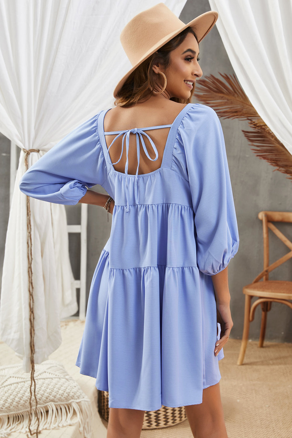 Sky Blue Square Neck Half Sleeve High Low Mini Dress