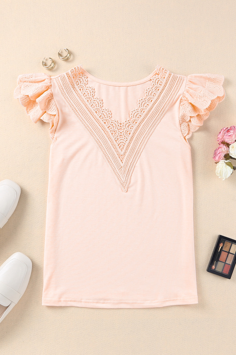 Pink Contrast Lace Scalloped Neck Petal Sleeves Top