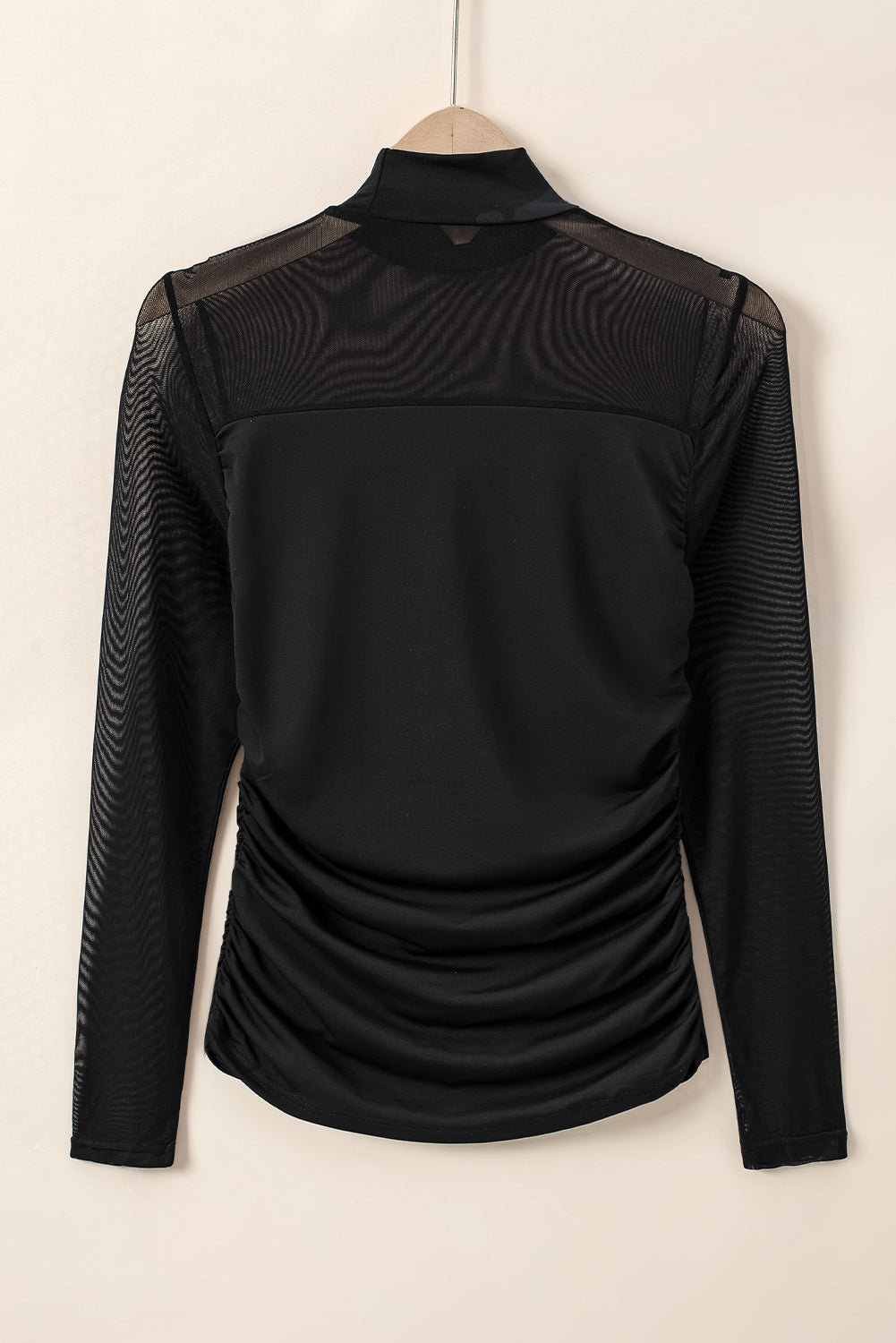 Black High Neck Ruched Mesh Long Sleeve Top