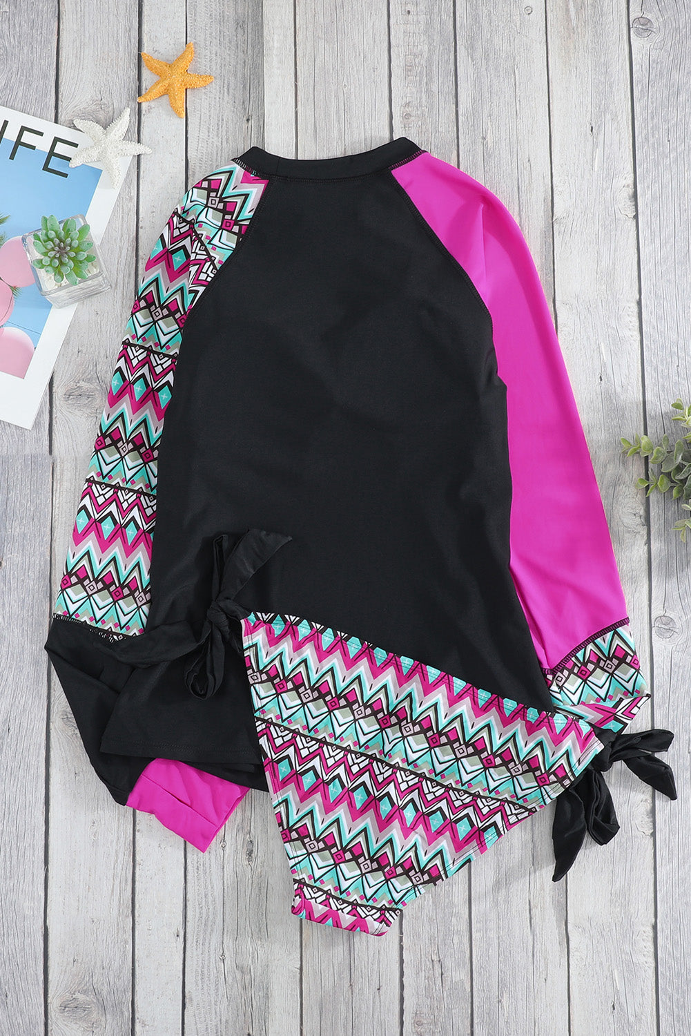 Contrast Rosy Detail Long Sleeve Tankini Swimsuit
