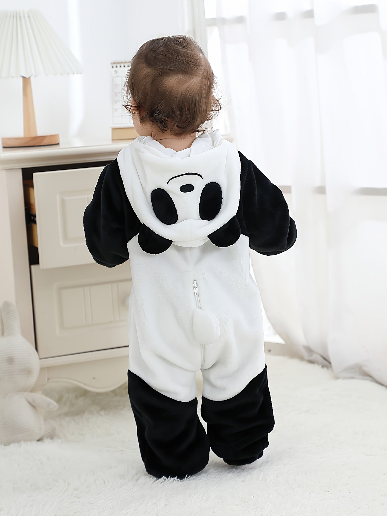 Baby Black & White Cute Panda Pattern Soft Outdoor Hooded Bodysuit With Zipper