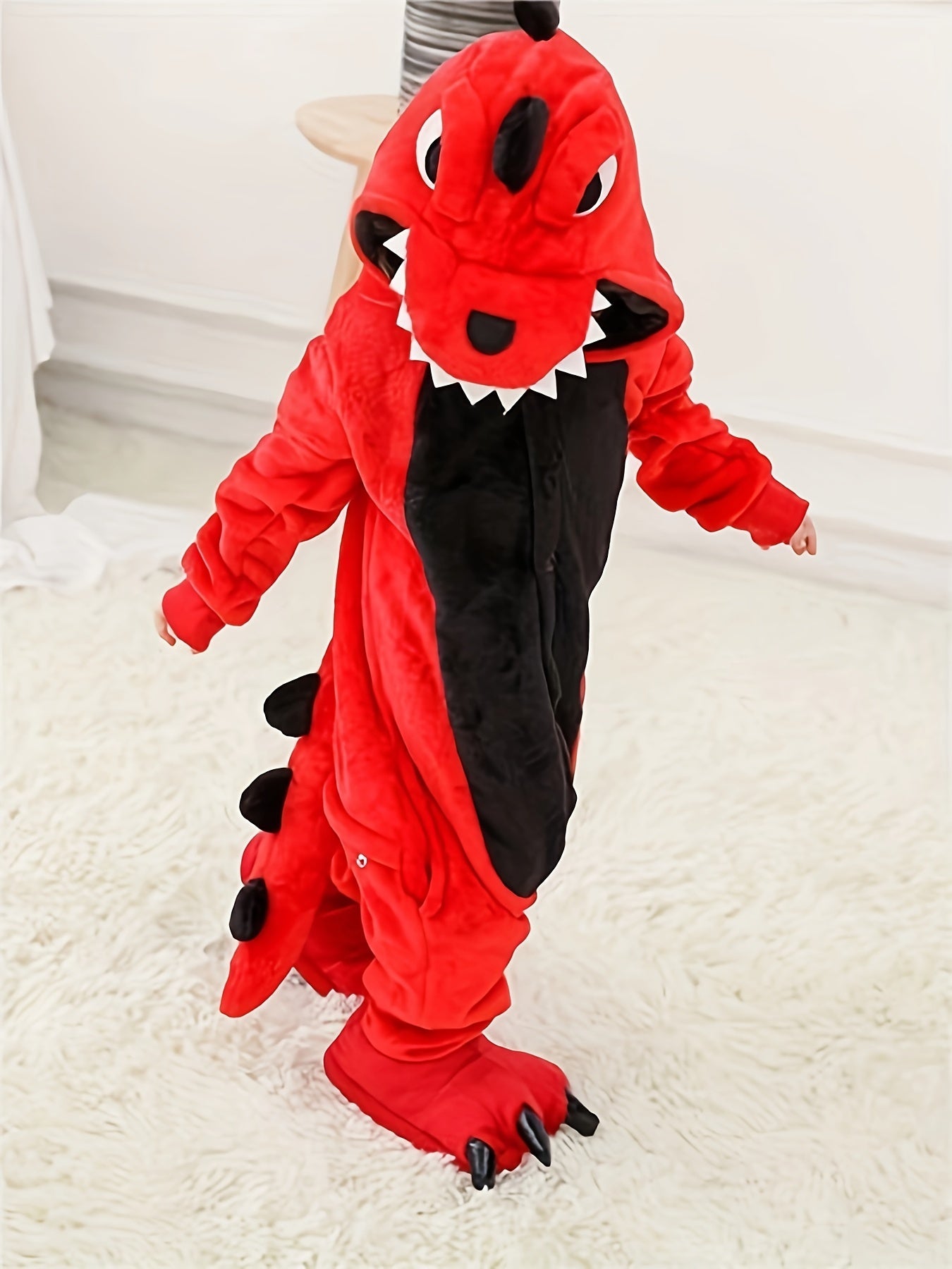 Red Cozy Dinosaur Hooded Jumpsuit