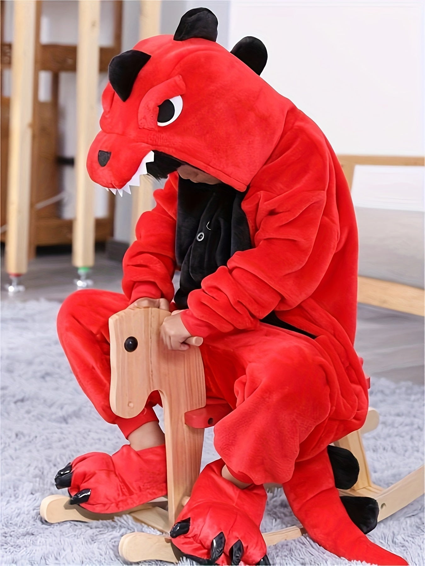 Red Cozy Dinosaur Hooded Jumpsuit
