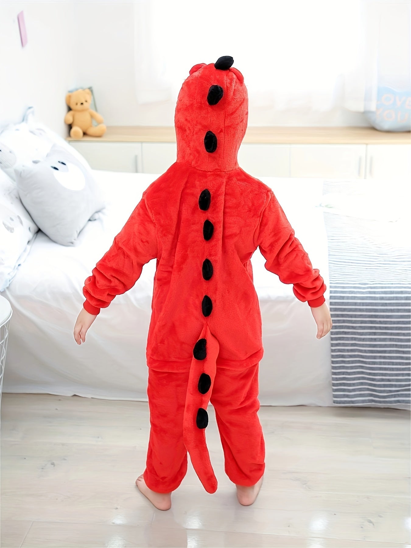 Red Cozy Dinosaur Hooded Jumpsuit