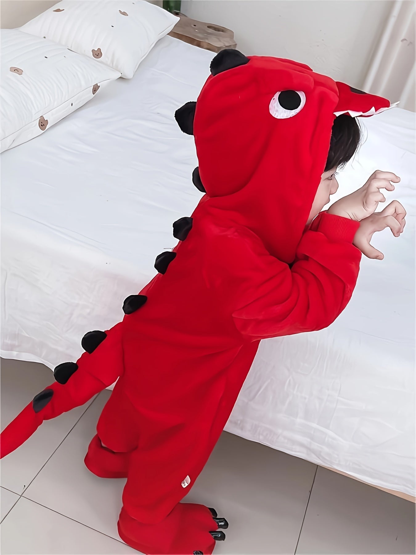 Red Cozy Dinosaur Hooded Jumpsuit