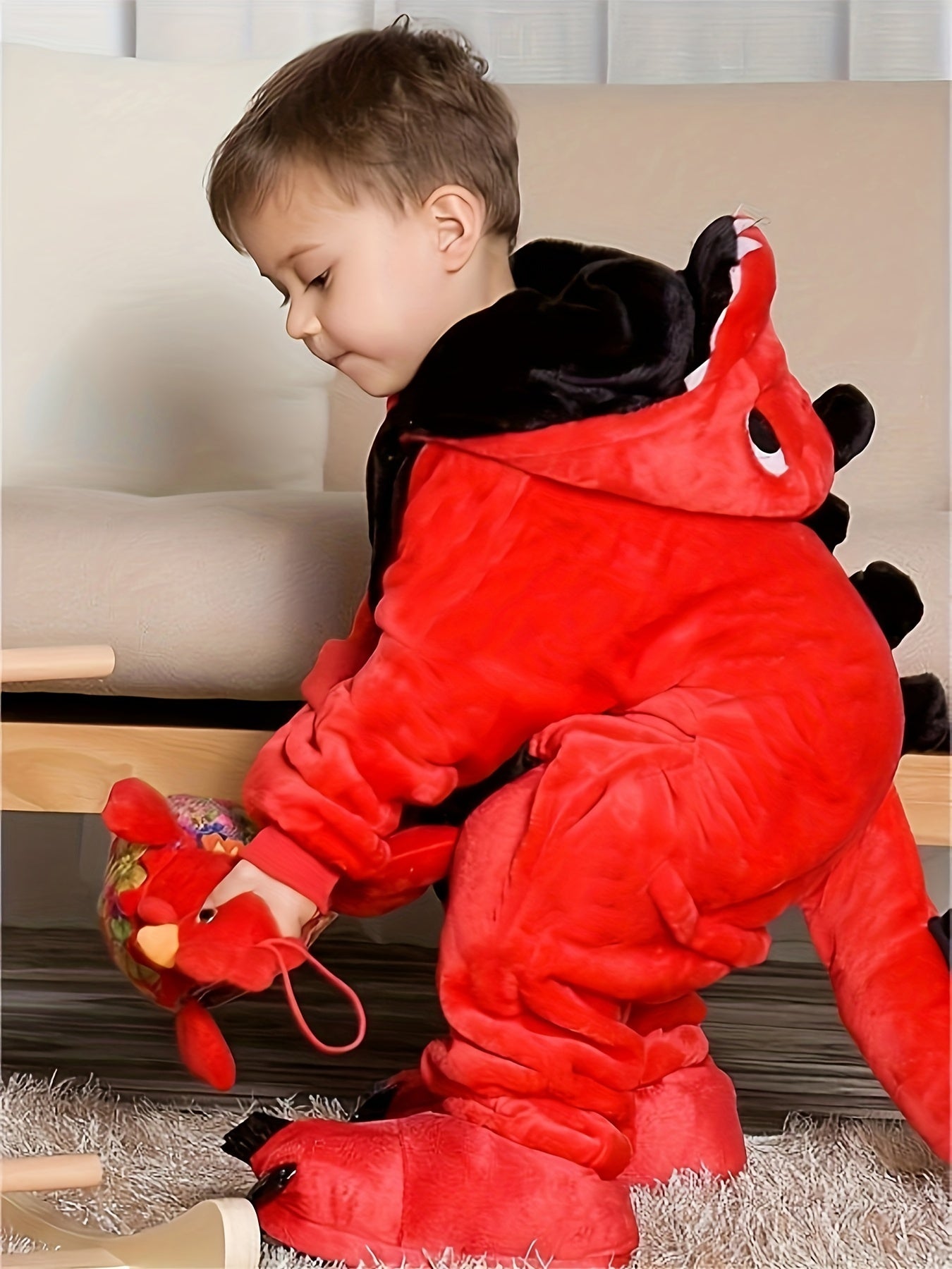Red Cozy Dinosaur Hooded Jumpsuit