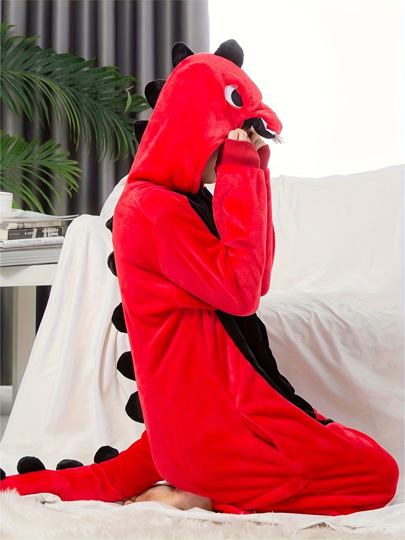 Red Cozy Dinosaur Hooded Jumpsuit