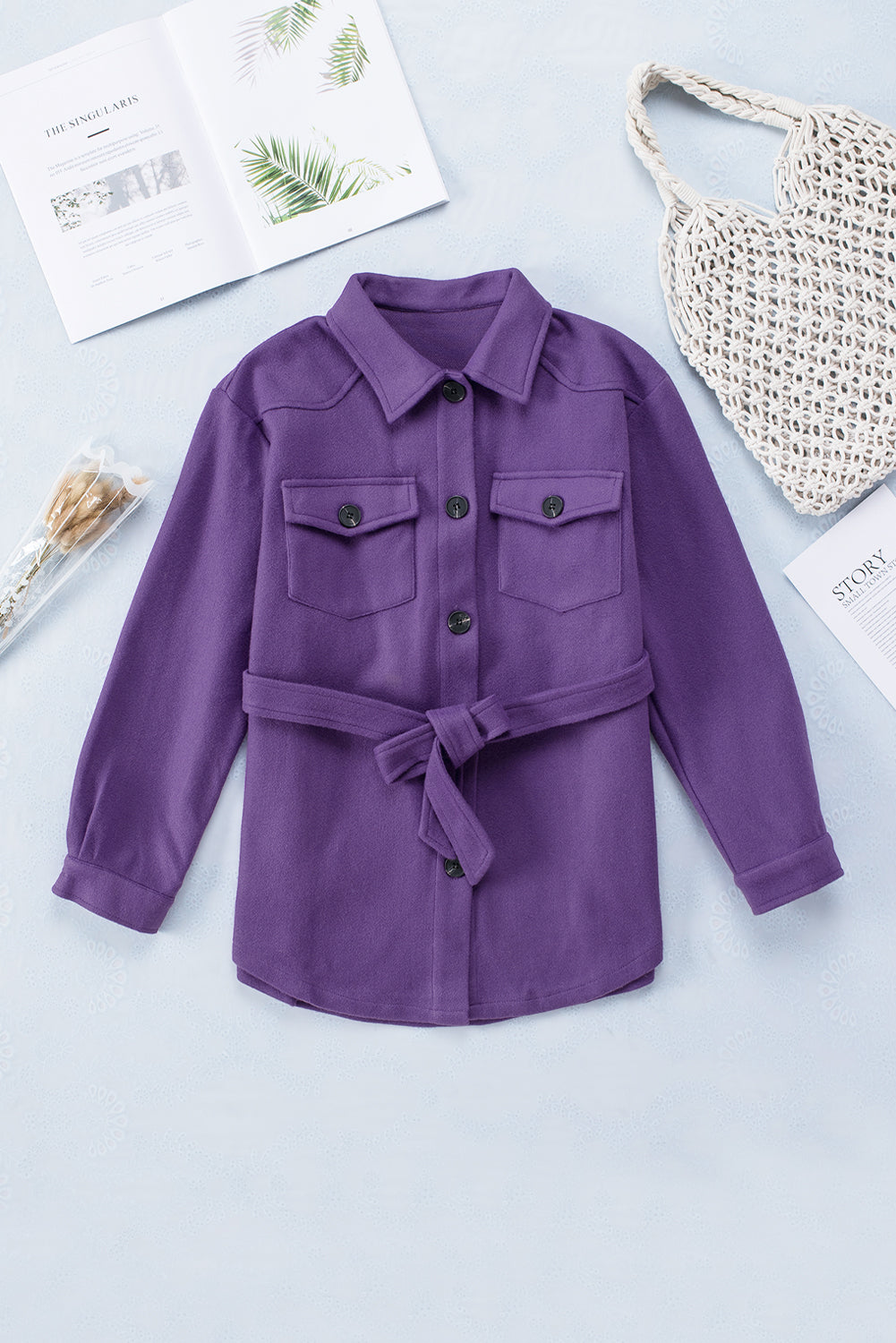 Purple Lapel Button-Down Coat with Chest Pockets