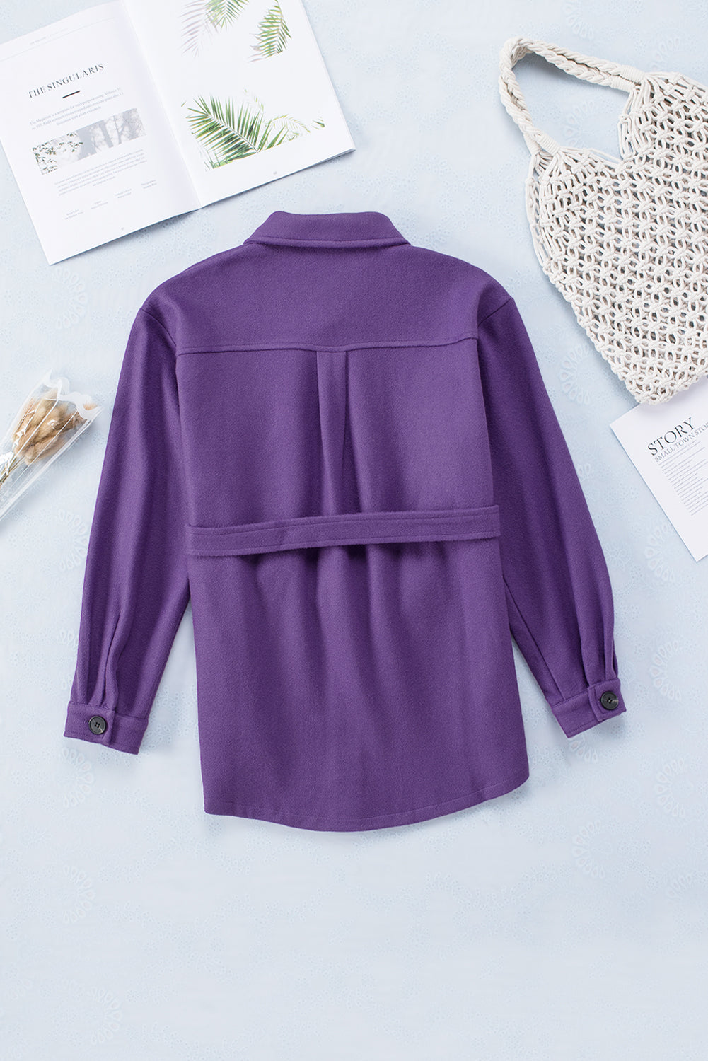 Purple Lapel Button-Down Coat with Chest Pockets