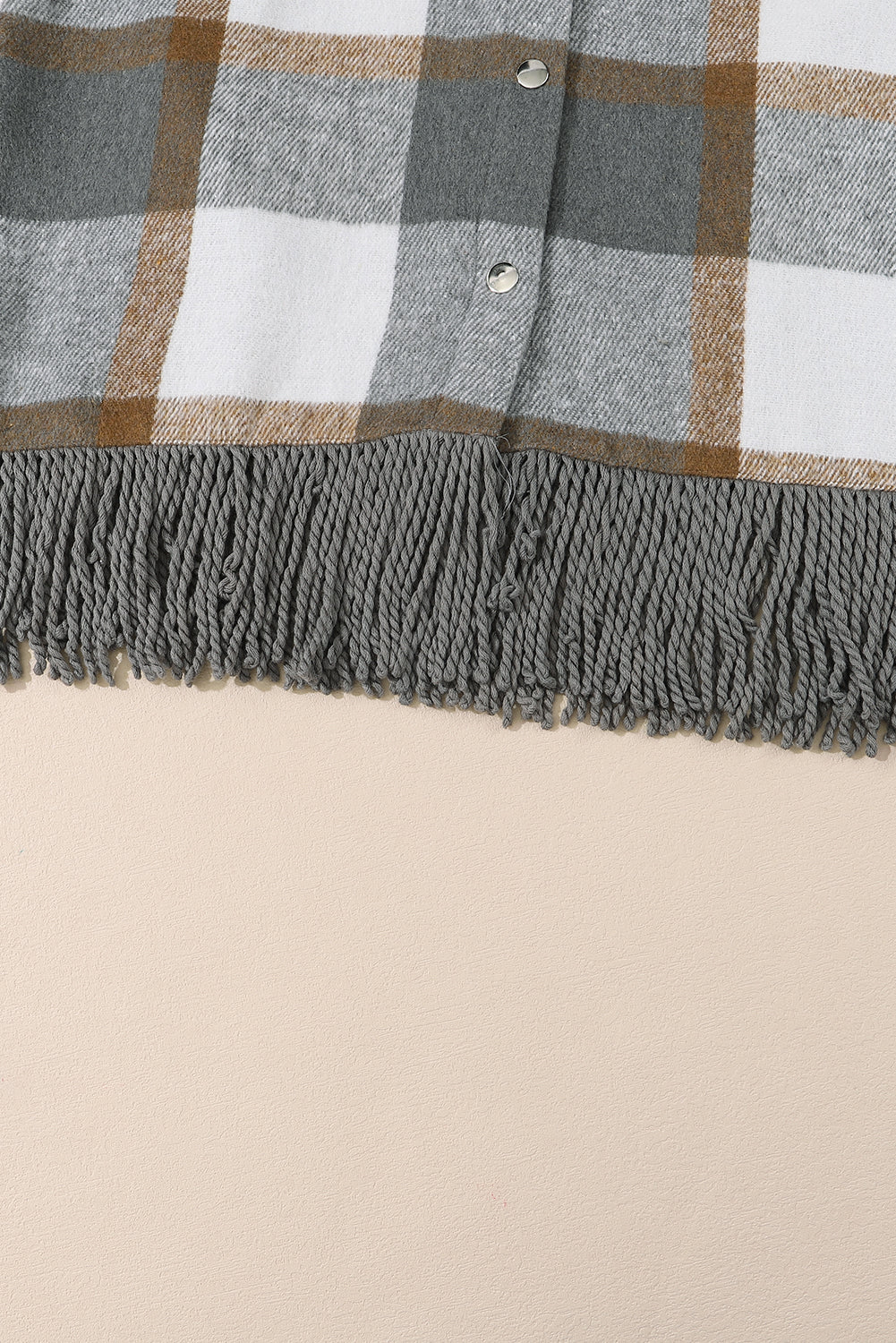 Grey Plaid Snap Button Pocket Fringed Hem Jacket