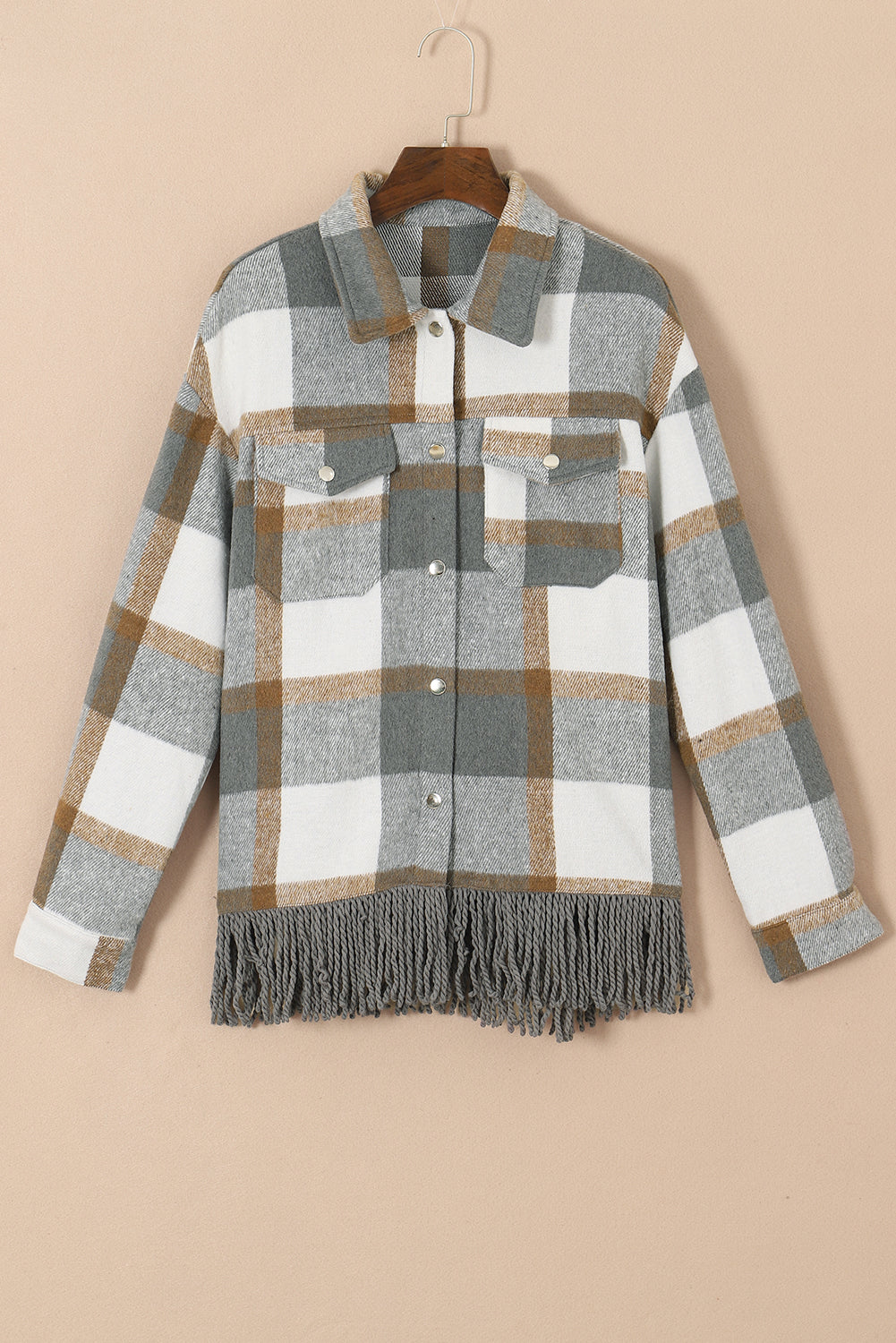 Grey Plaid Snap Button Pocket Fringed Hem Jacket