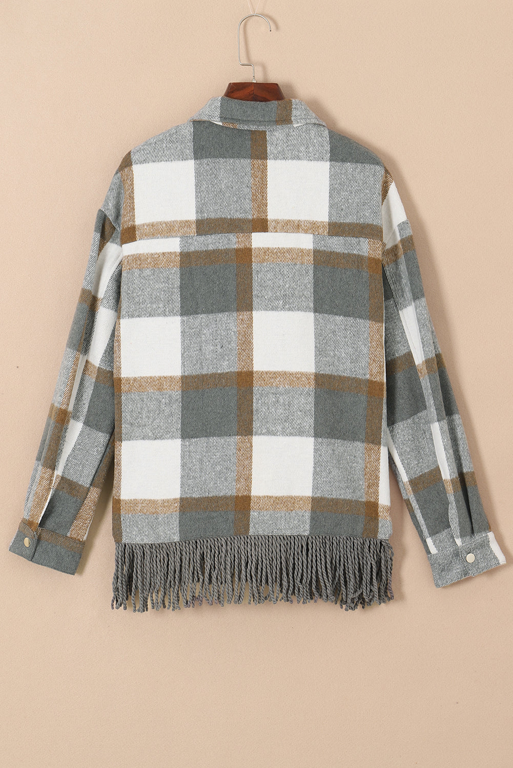 Grey Plaid Snap Button Pocket Fringed Hem Jacket