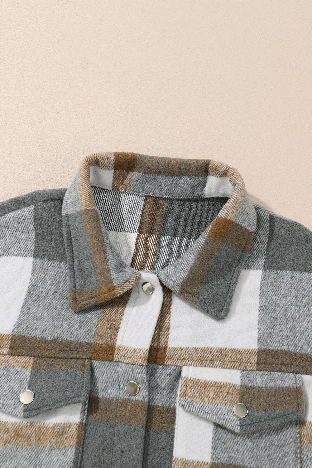 Grey Plaid Snap Button Pocket Fringed Hem Jacket
