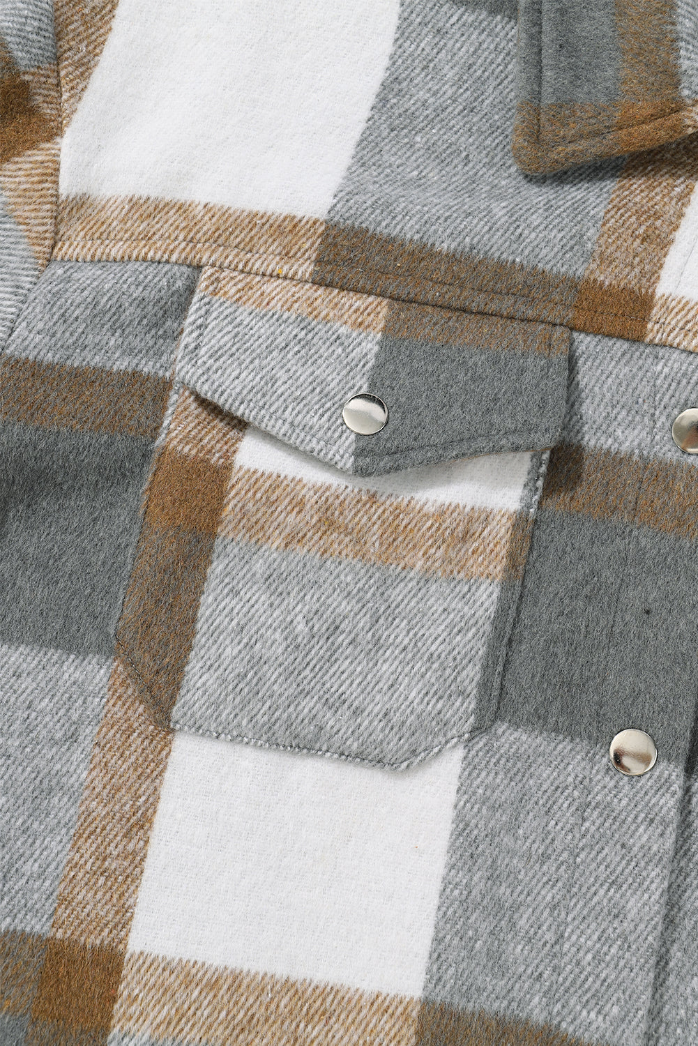 Grey Plaid Snap Button Pocket Fringed Hem Jacket