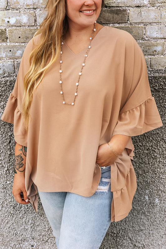 khaki Plus Size Ruffled Batwing Sleeve V Neck Blouse