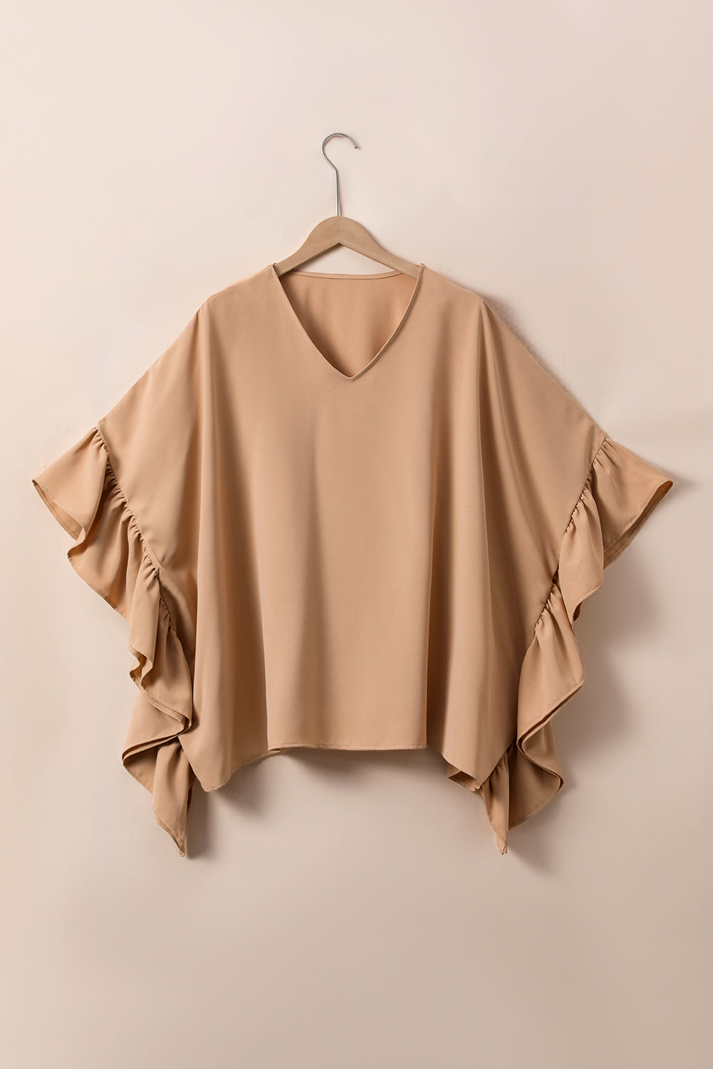 khaki Plus Size Ruffled Batwing Sleeve V Neck Blouse