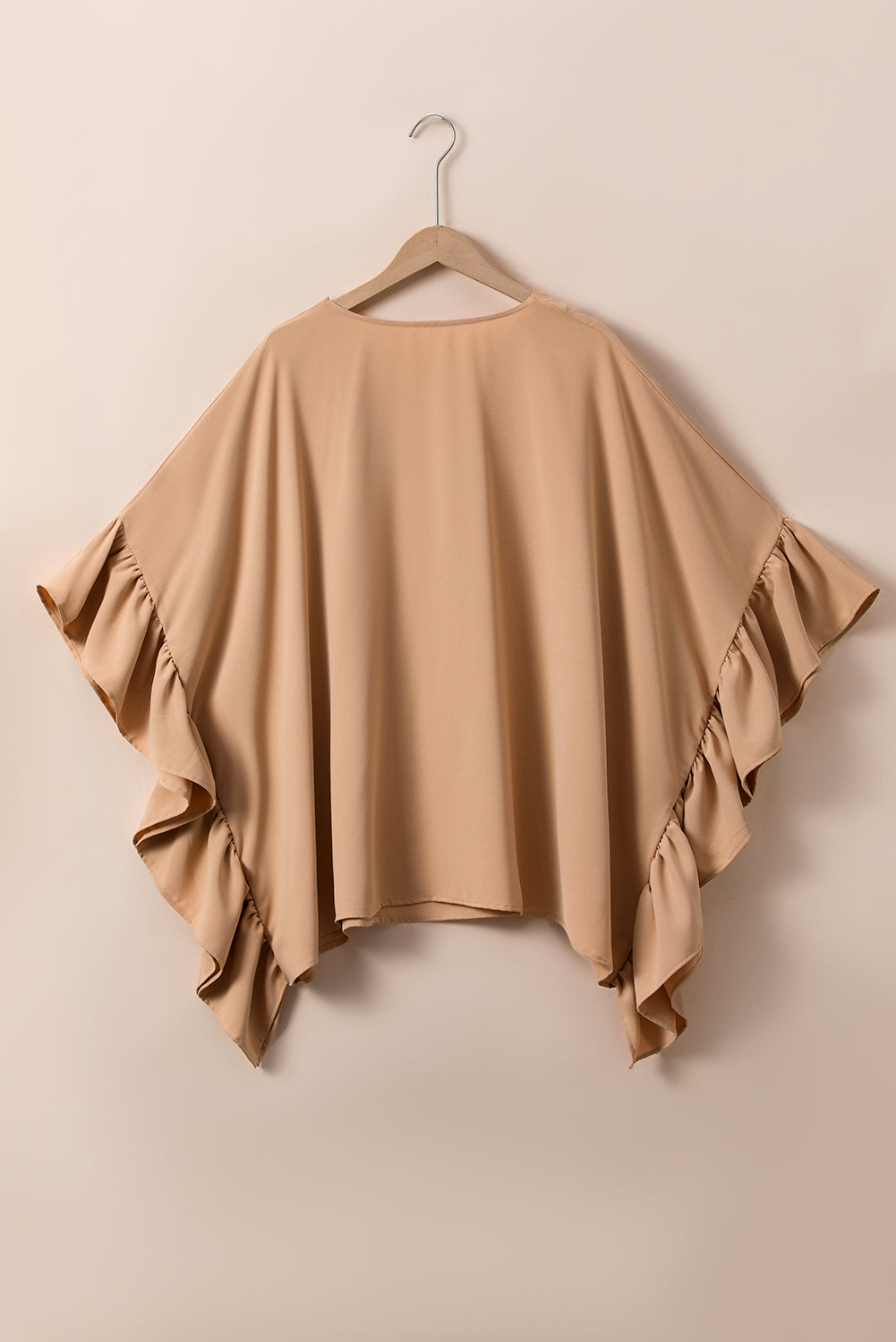 khaki Plus Size Ruffled Batwing Sleeve V Neck Blouse