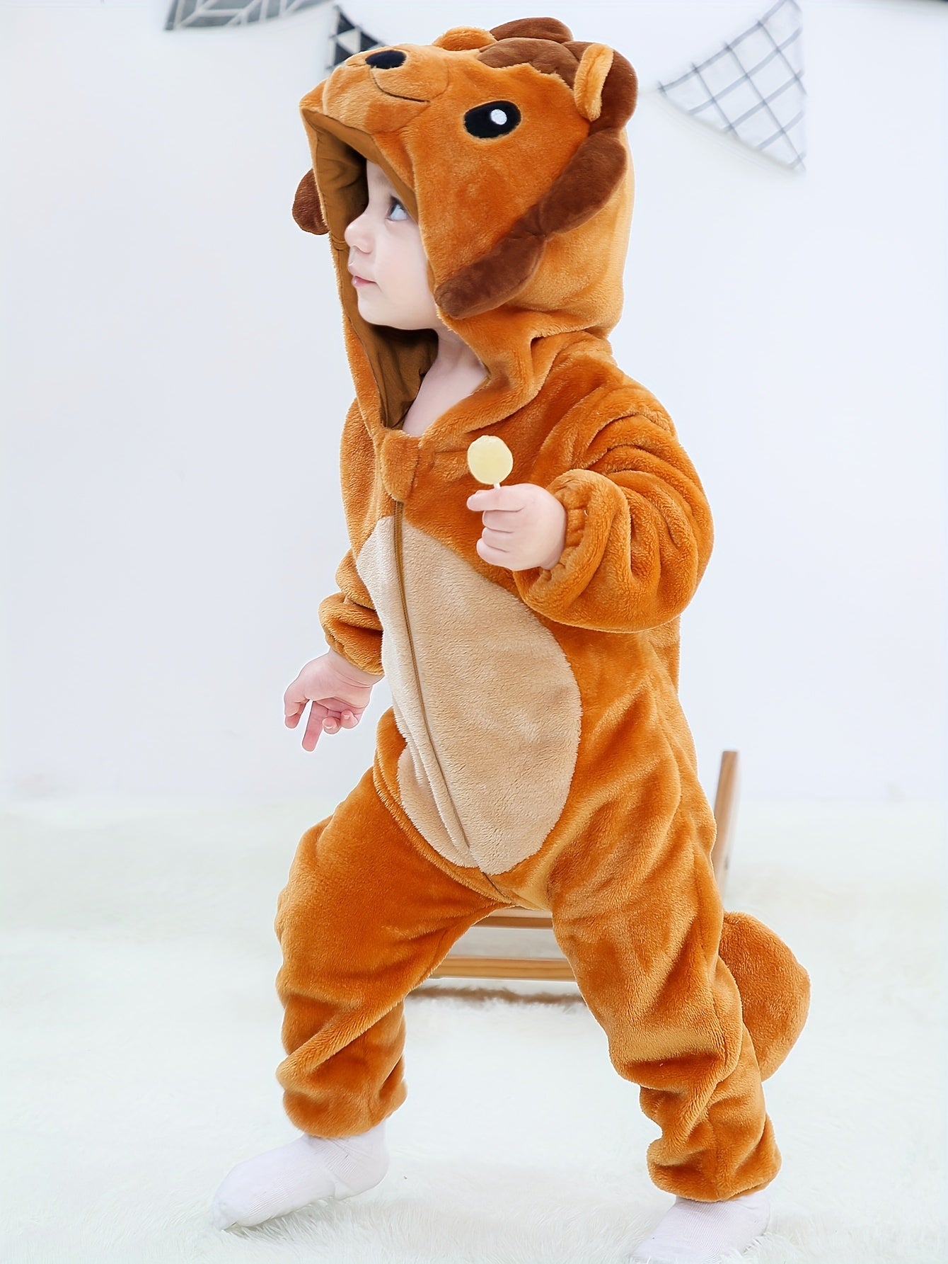 baby Lion Shape Zip Up Hooded Flannel Romper, Infant Jumpsuit