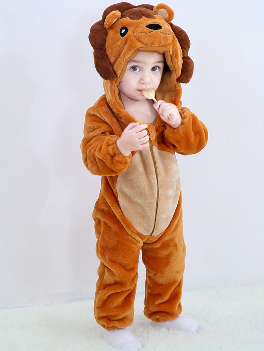 baby Lion Shape Zip Up Hooded Flannel Romper, Infant Jumpsuit