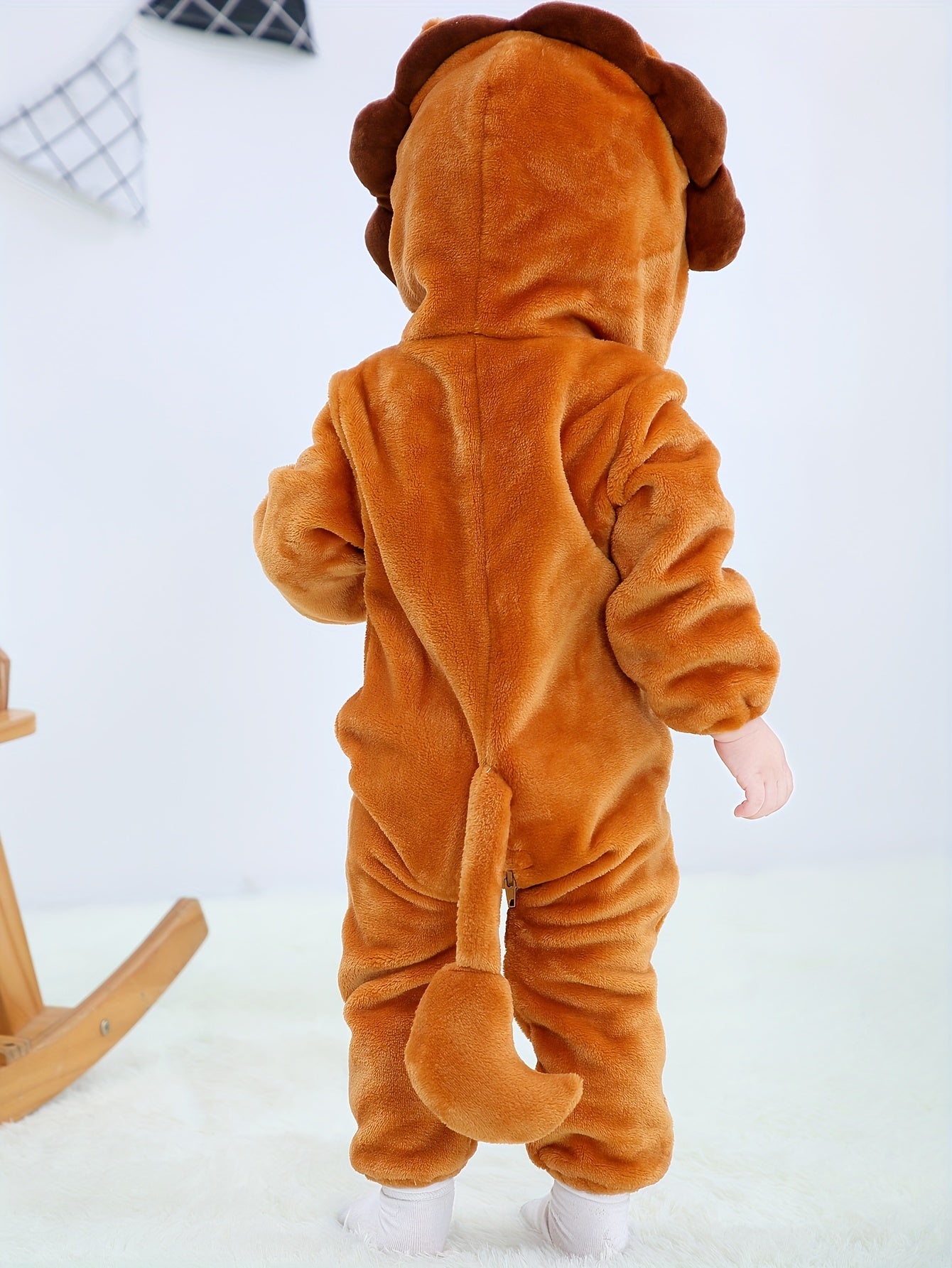 baby Lion Shape Zip Up Hooded Flannel Romper, Infant Jumpsuit
