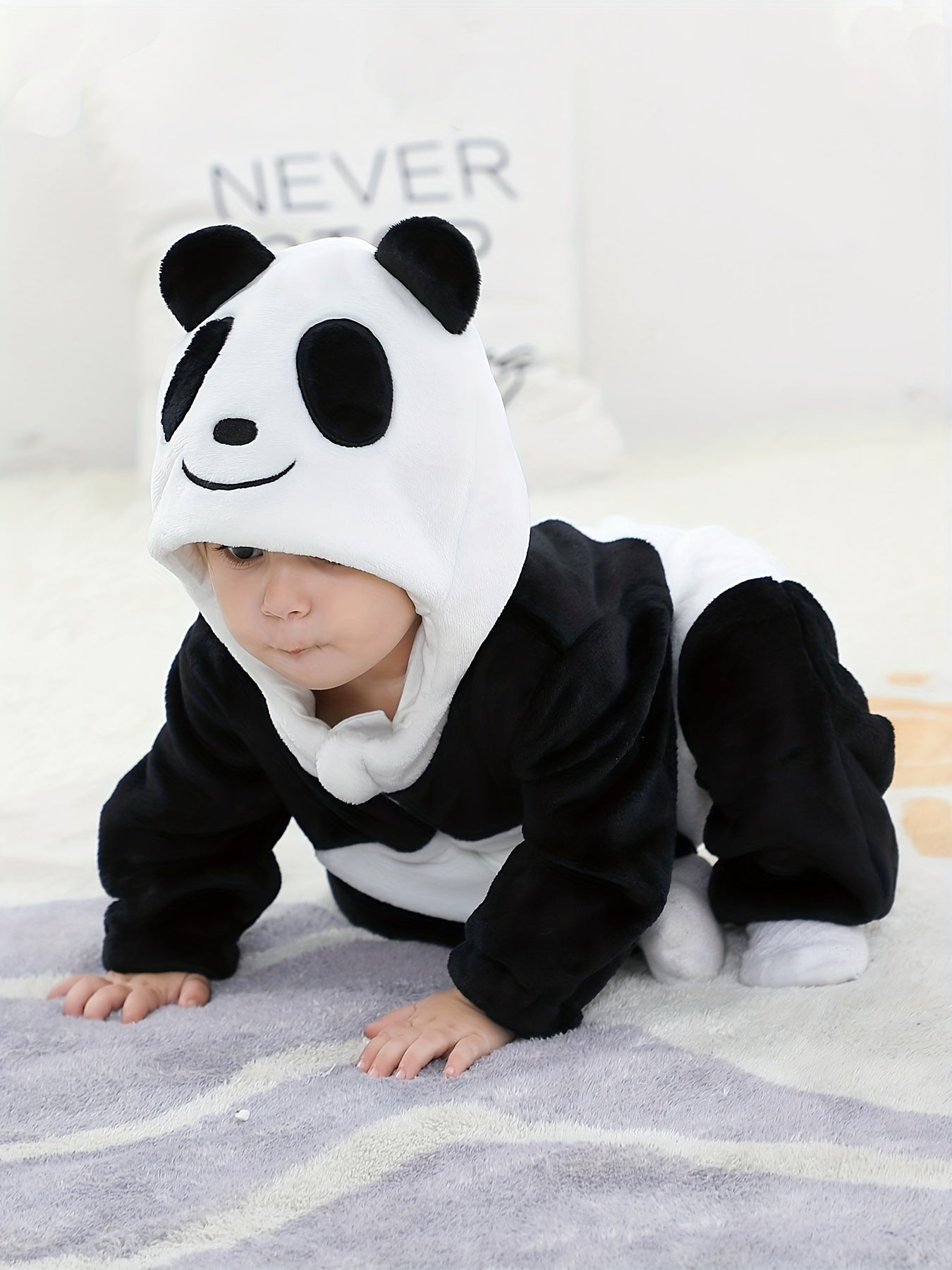 Baby Black & White Cute Panda Pattern Soft Outdoor Hooded Bodysuit With Zipper