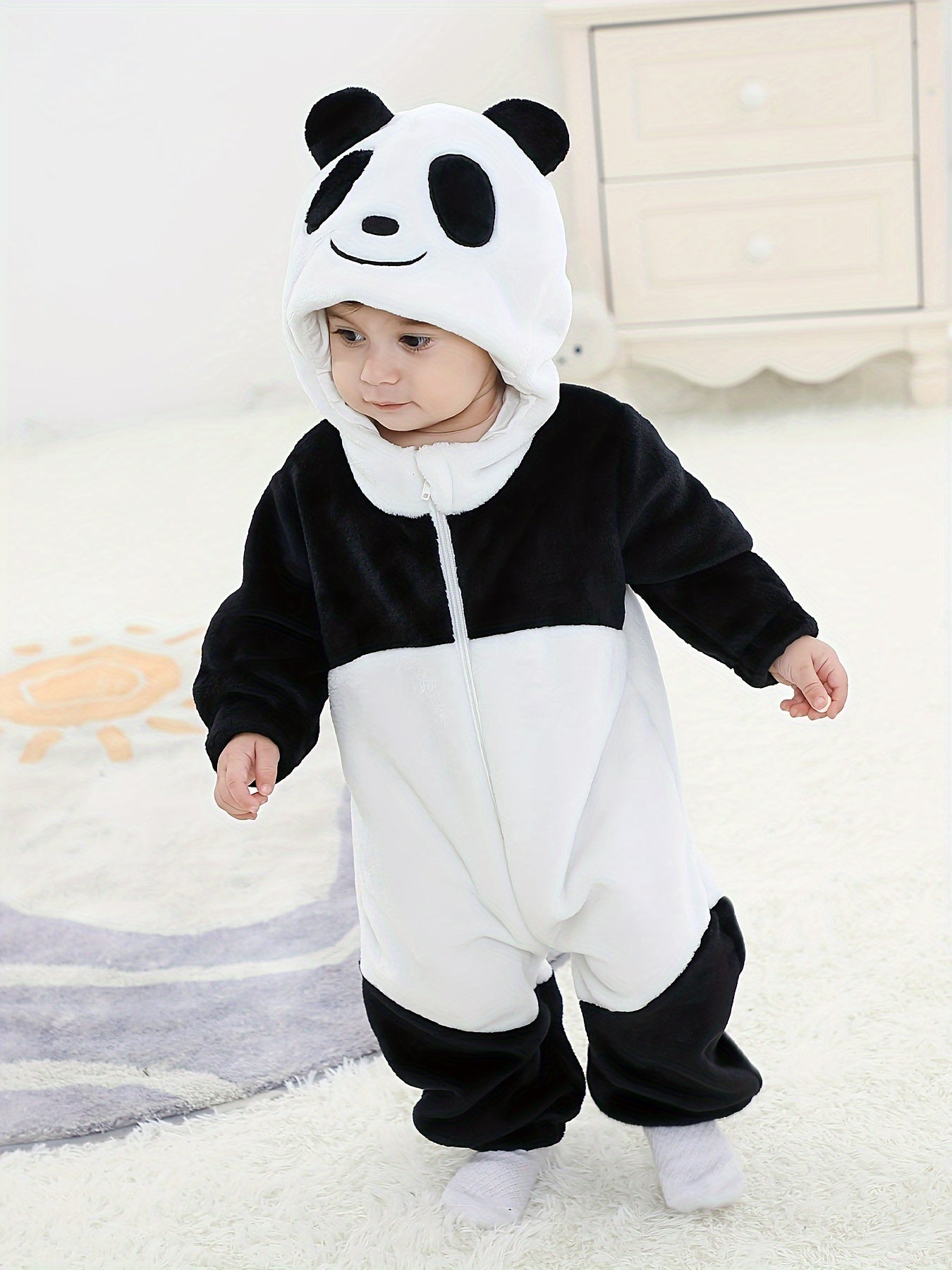 Baby Black & White Cute Panda Pattern Soft Outdoor Hooded Bodysuit With Zipper