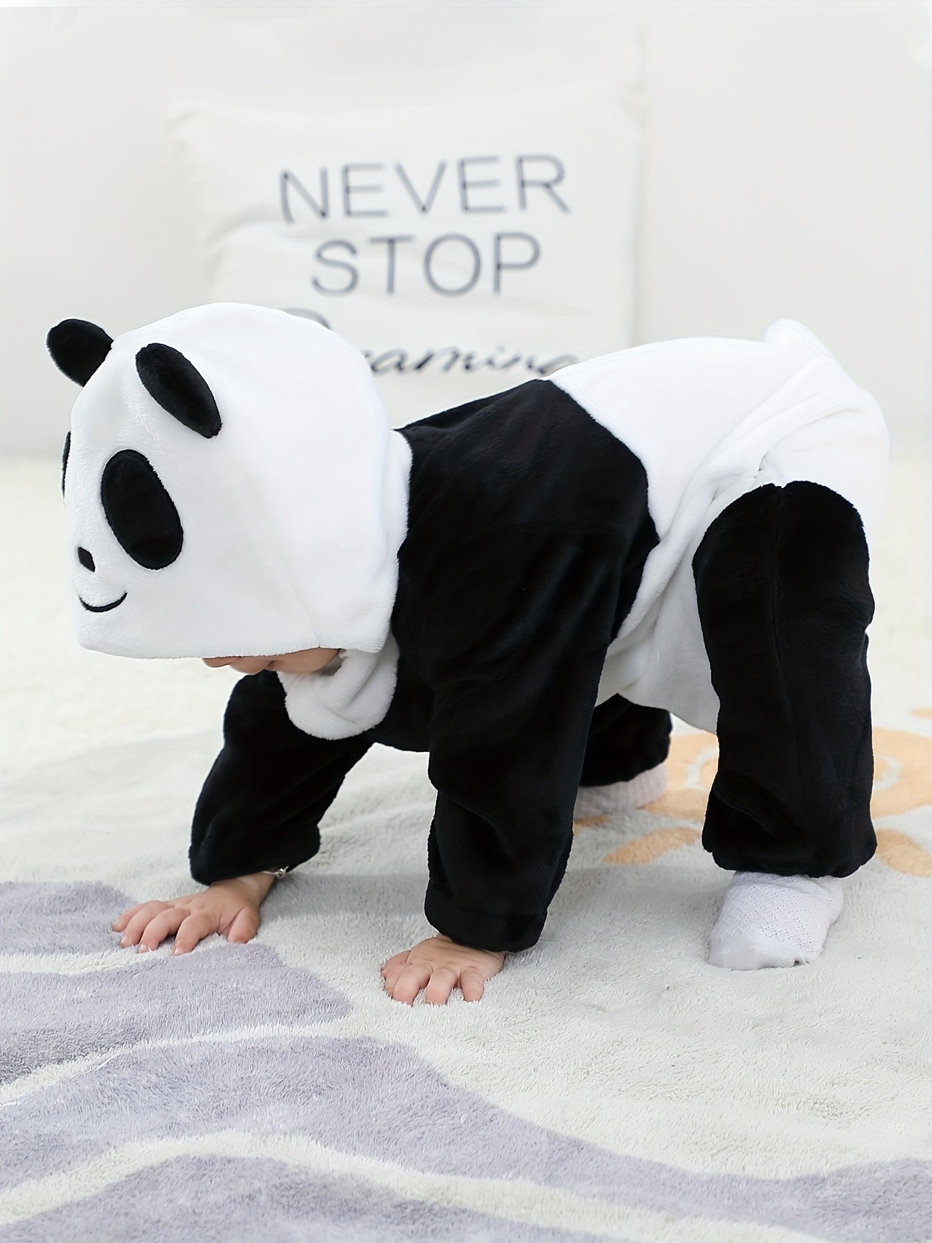 Baby Black & White Cute Panda Pattern Soft Outdoor Hooded Bodysuit With Zipper
