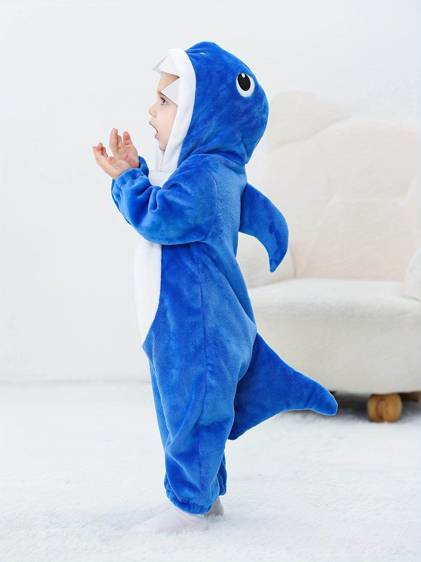Baby's Shark Hooded Jumpsuit With Tail, Warm Fuzzy Romper