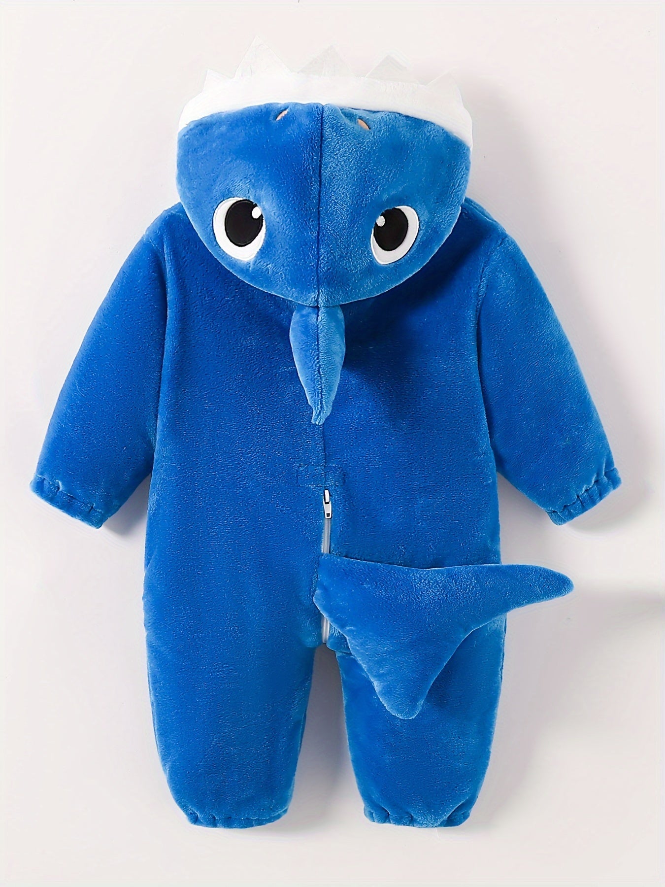 Baby's Shark Hooded Jumpsuit With Tail, Warm Fuzzy Romper