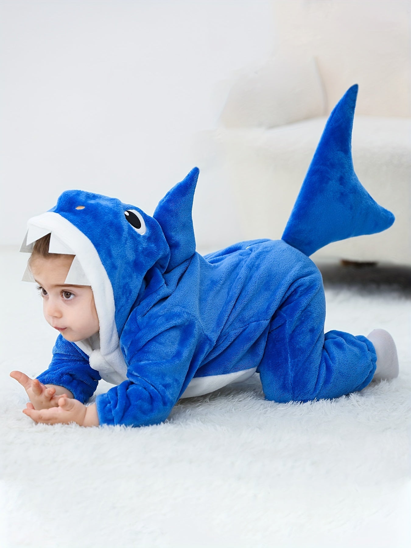Baby's Shark Hooded Jumpsuit With Tail, Warm Fuzzy Romper