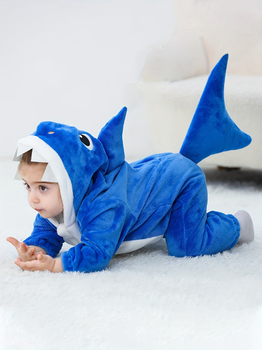 Baby's Shark Hooded Jumpsuit With Tail, Warm Fuzzy Romper