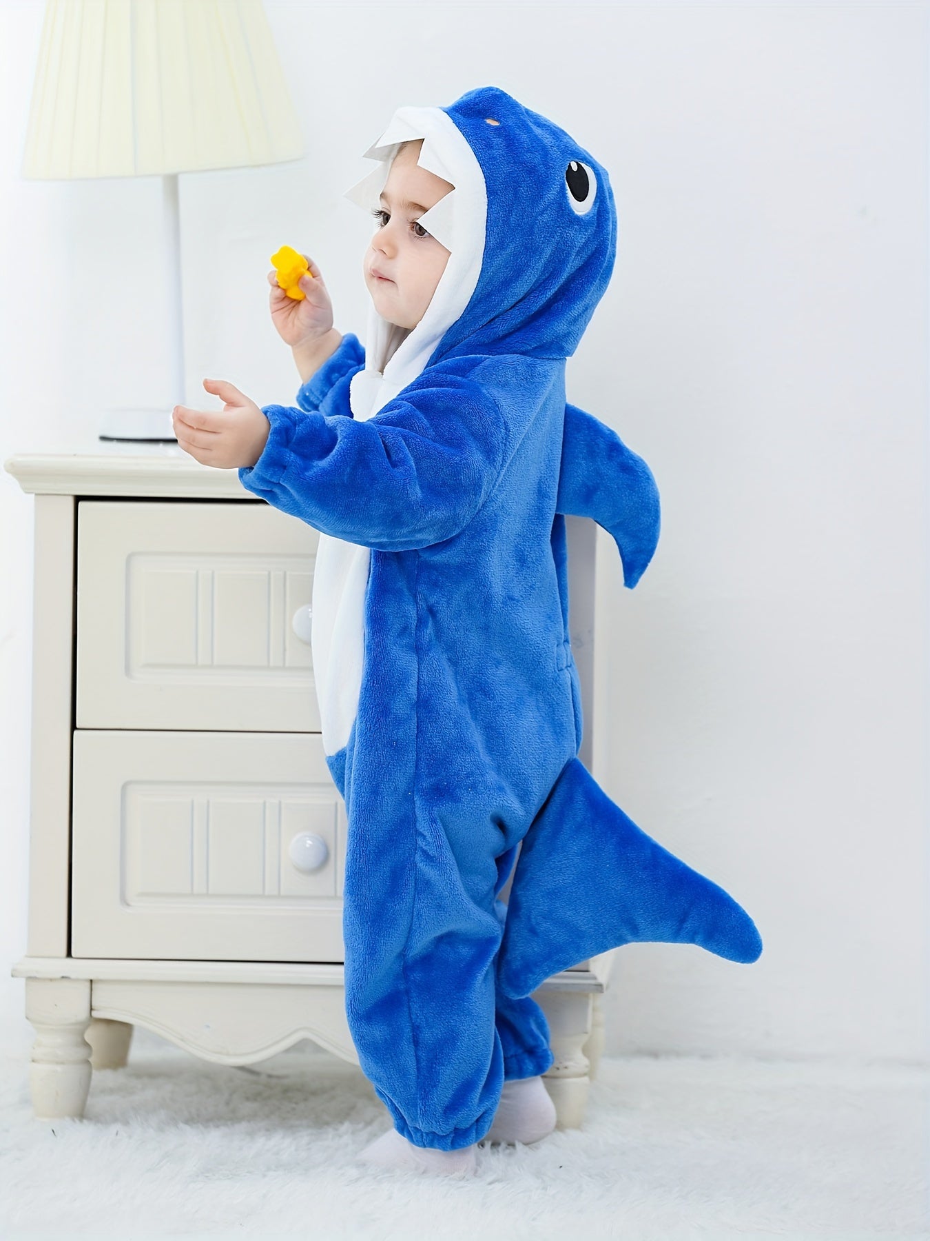 Baby's Shark Hooded Jumpsuit With Tail, Warm Fuzzy Romper