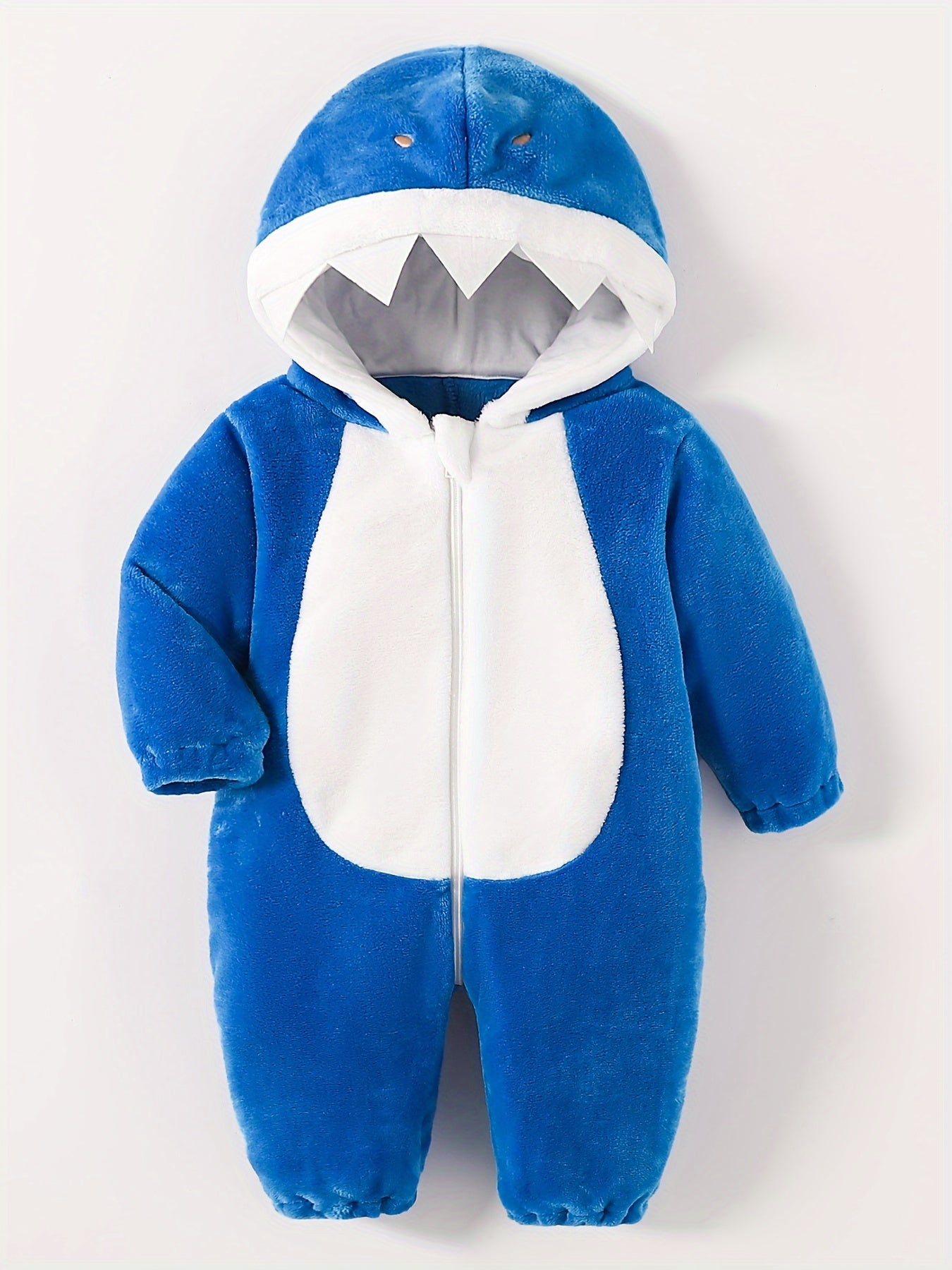 Baby's Shark Hooded Jumpsuit With Tail, Warm Fuzzy Romper