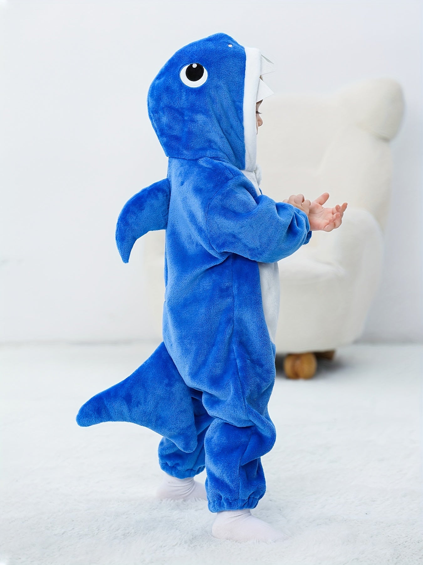 Baby's Shark Hooded Jumpsuit With Tail, Warm Fuzzy Romper